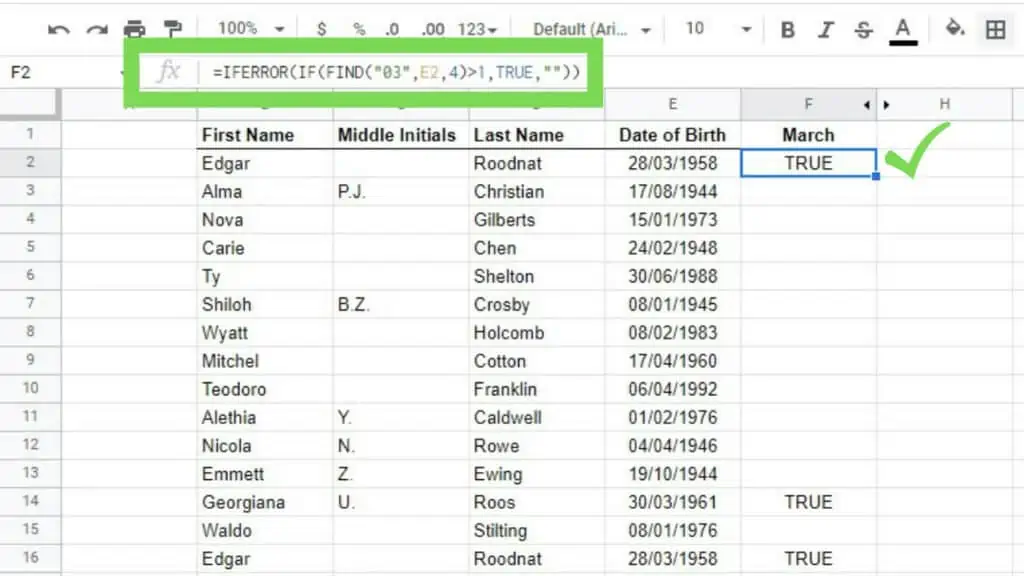 A sample dataset for people, finding people born in March