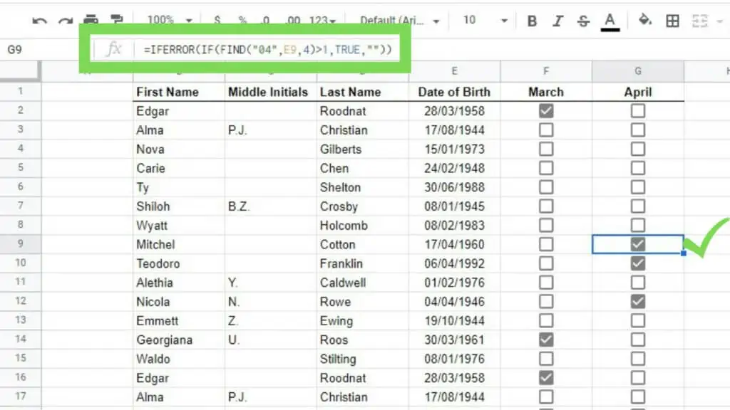 A sample dataset for people, finding people born in March and April indicated by checkmarks
