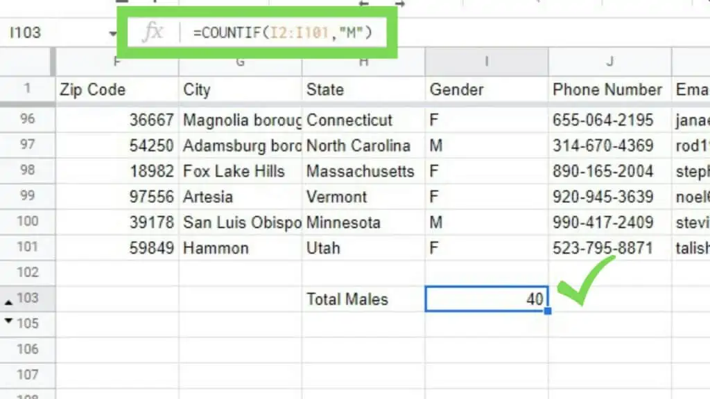 Counting males in the sample dataset containing information for 100 employees