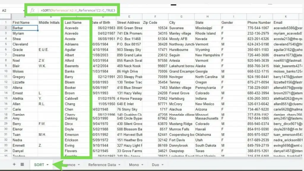 All columns are sorted with the Last Name column as the reference for sorting