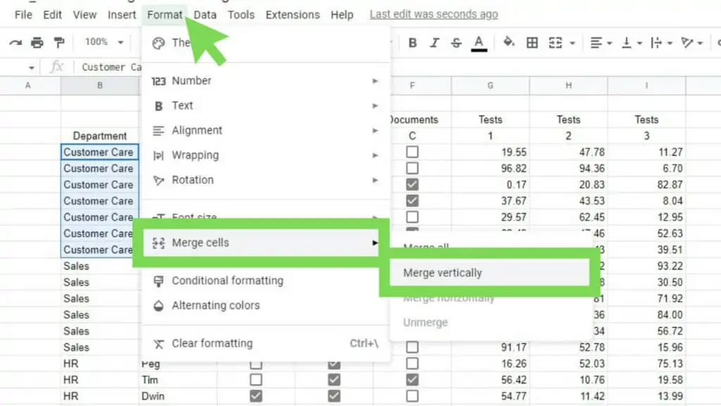 The menu options to ‘Merge vertically’ in Google Sheets