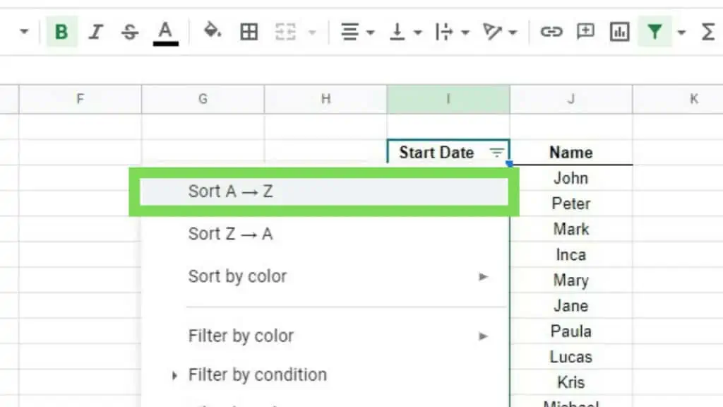 The Filter context menu in Google Sheets