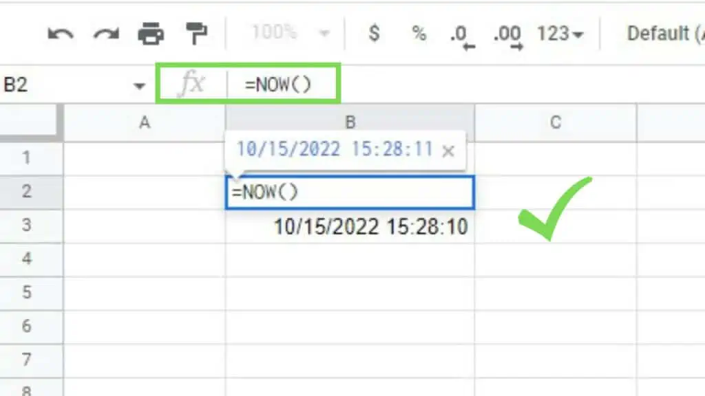 The NOW Function displays the current time and today’s date in Google Sheets