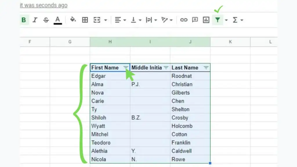 The create a filter tool was used on the range with multiple columns with some blanks in the center column is selected