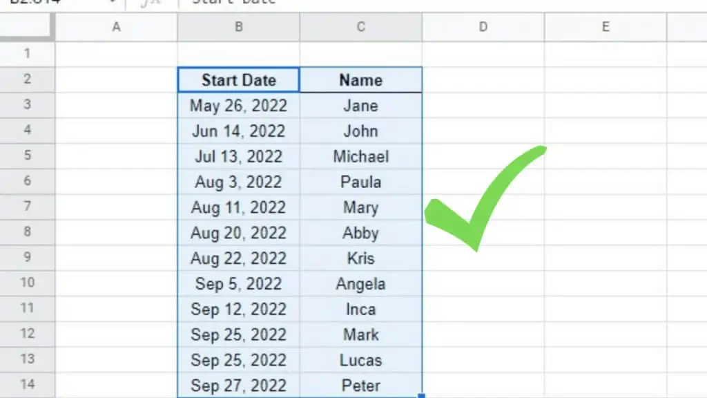 The database of employee names and their respective start dates are both sorted by date in ascending order using Sort Options