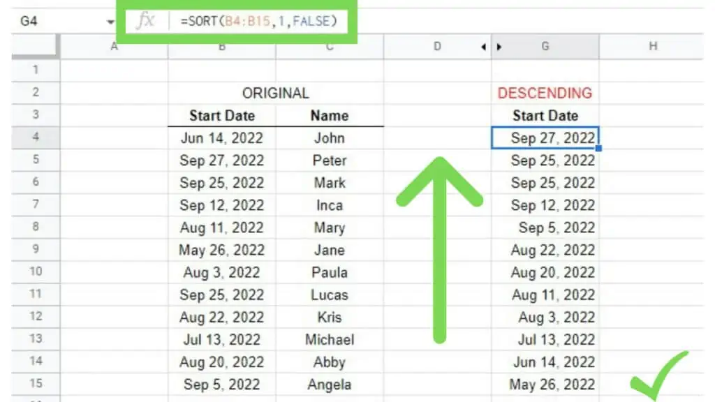 The original Start Date & Names database with the SORT Function results in column G