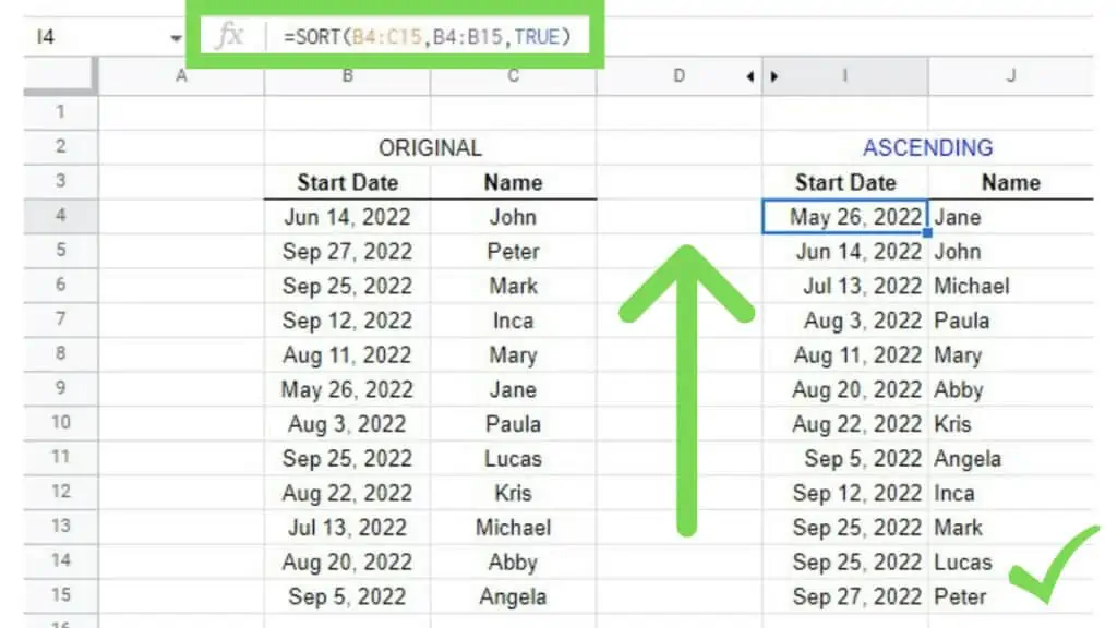The original Start Date & Names database with the SORT Function results in columns I and J