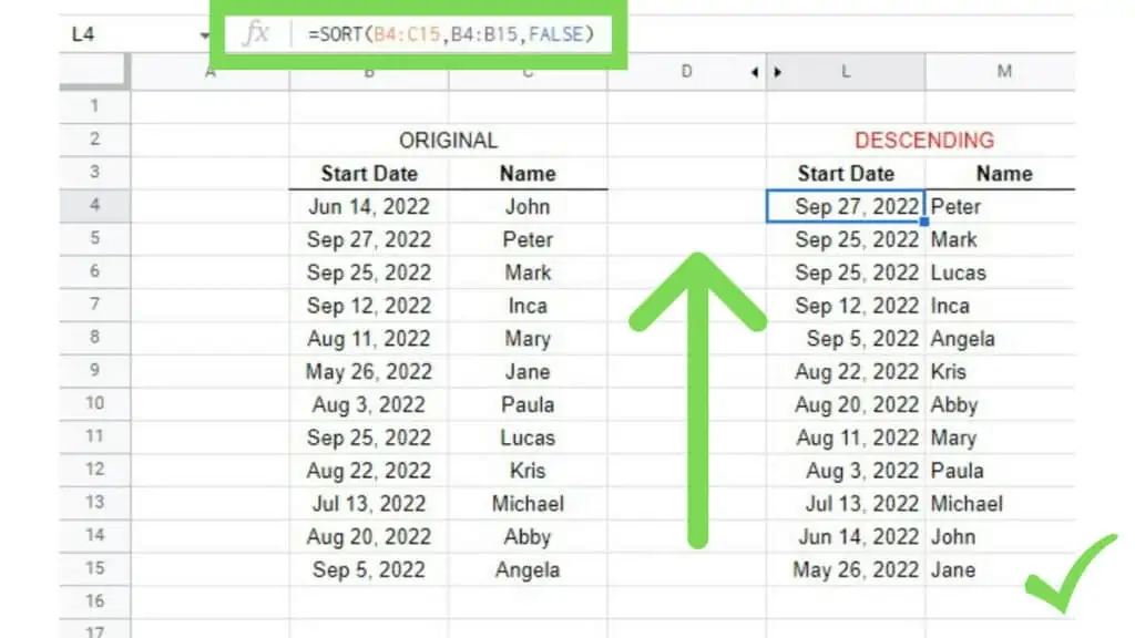 The original Start Date & Names database with the SORT Function results in columns L and M