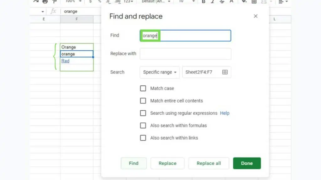 The ‘Also search within formulas’ and ‘Also search within links’ options of ‘Find and Replace’ in Google Sheets