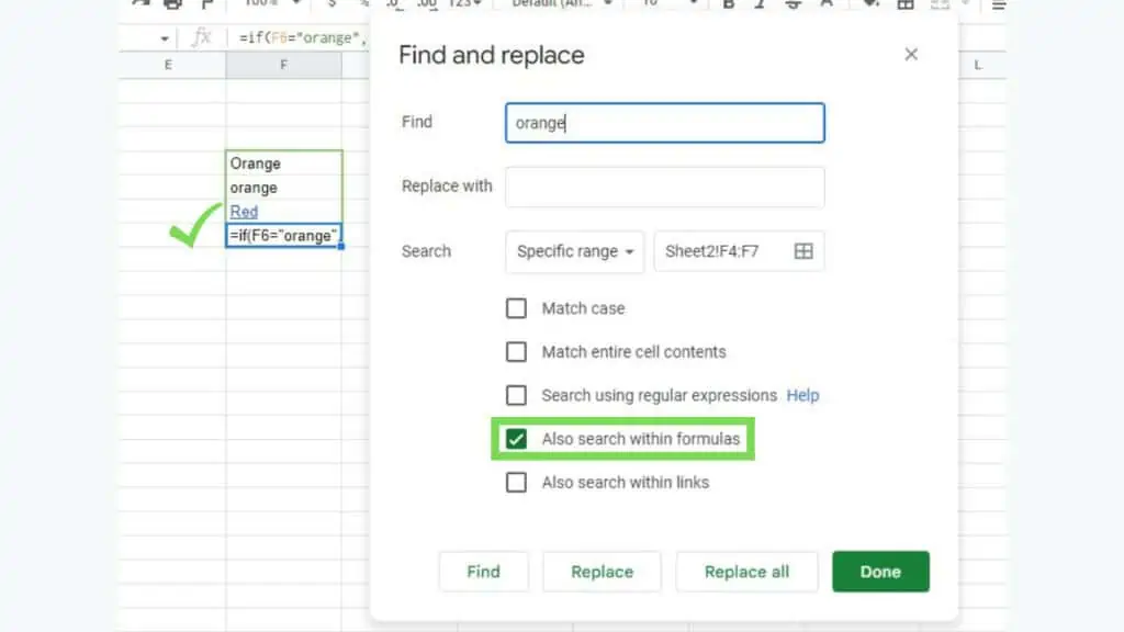 The ‘Also search within formulas’ option of ‘Find and Replace’ in Google Sheets in action