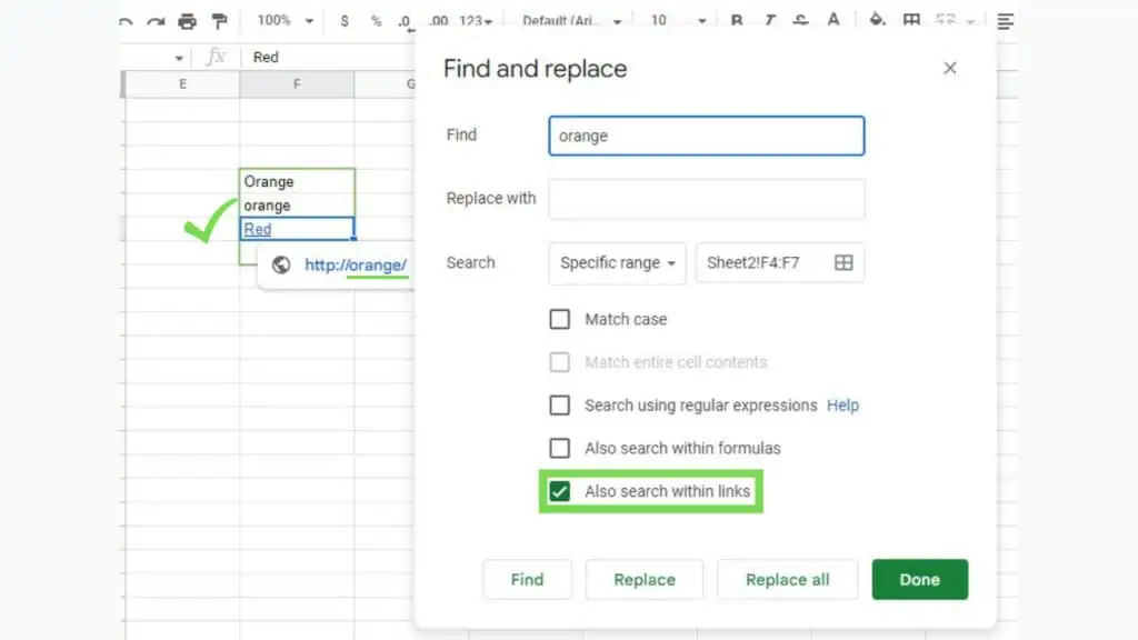 The ‘Also search within links’ option of ‘Find and Replace’ in Google Sheets in action