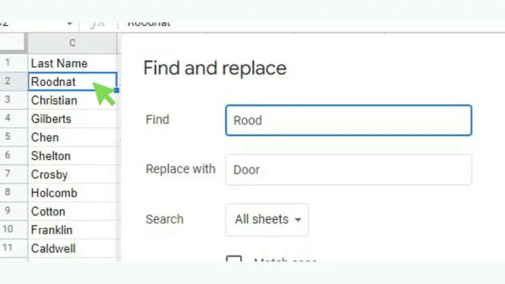 The ‘Find’, ‘Replace with’, and ‘Search’ fields of ‘Find and Replace’ in Google Sheets