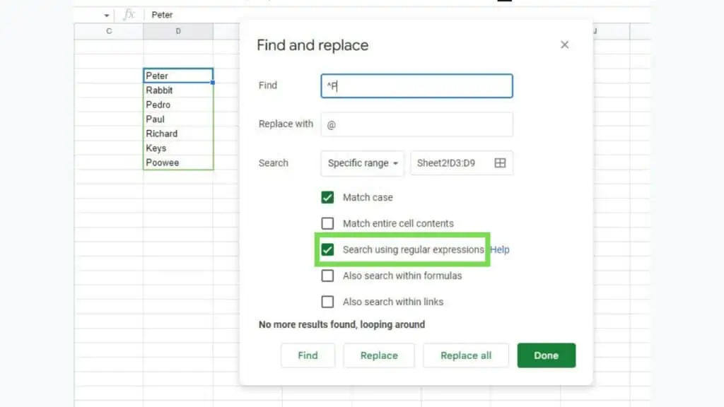 The ‘Search using regular expressions’ option of ‘Find and Replace’ in Google Sheets