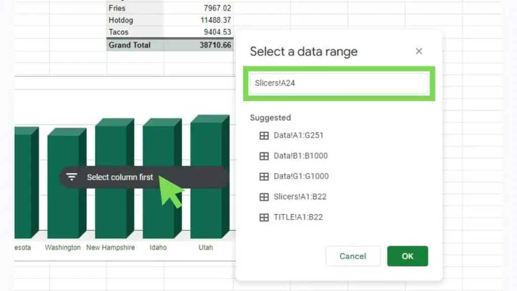 The ‘Select a data range’ window for Slicers in Google Sheets