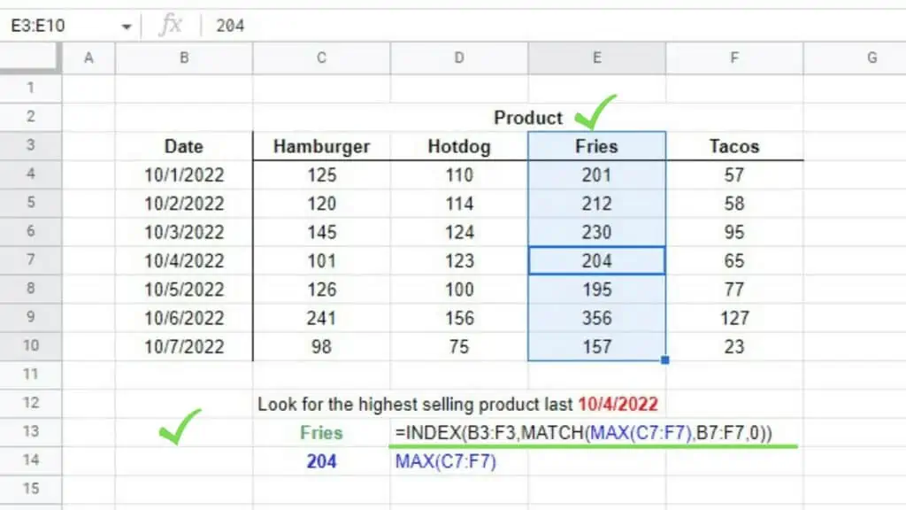 Using the INDEX MATCH Formula on a sample table where the index row is at the middle position