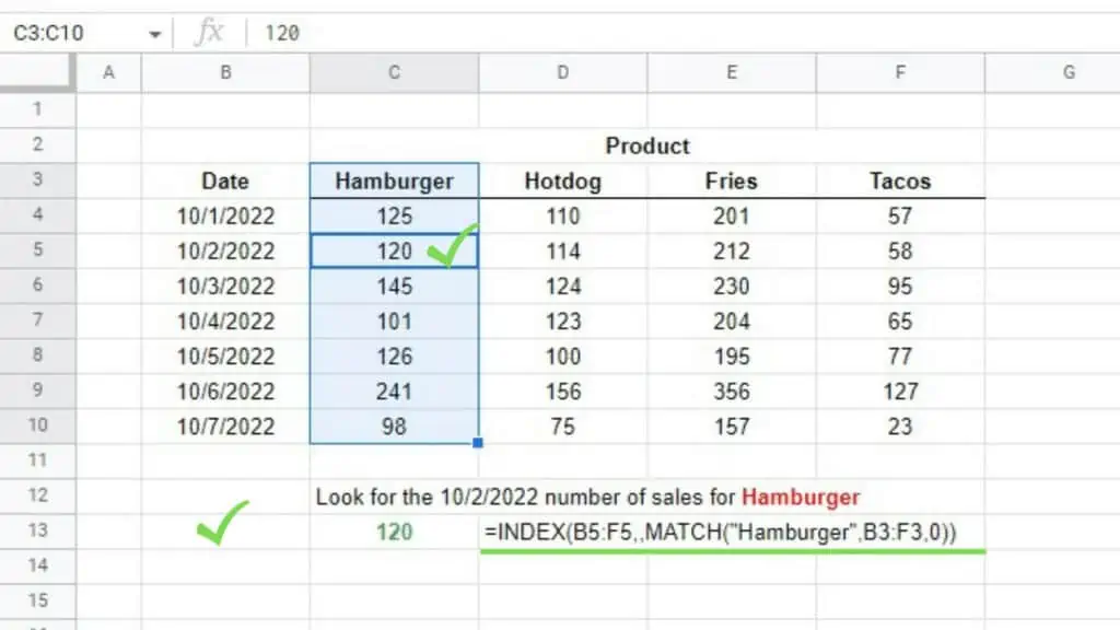Using the INDEX MATCH Formula on a sample table where the index row is at the topmost position
