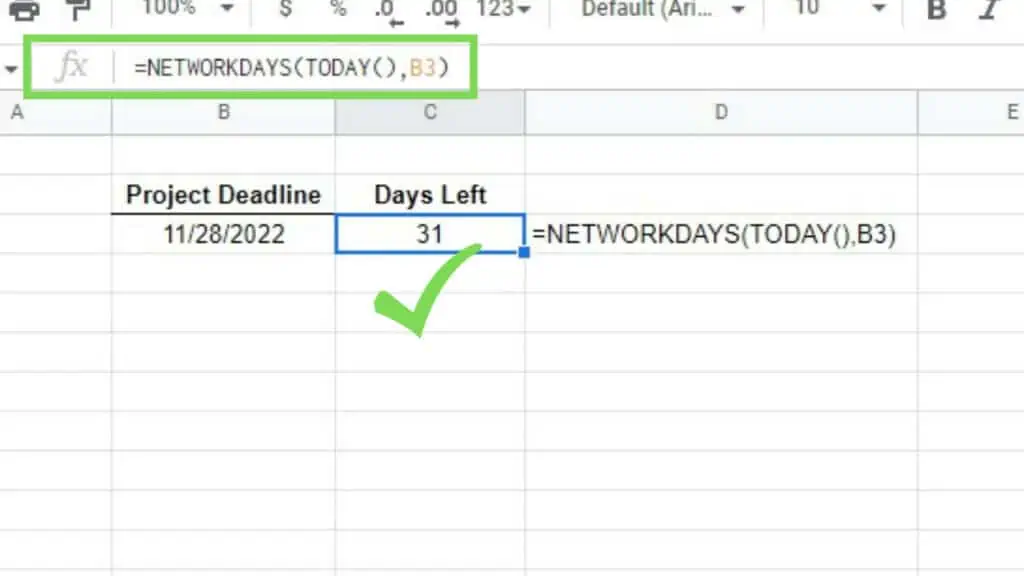 Using the TODAY Function as a parameter of the NETWORKDAYS Function to count the weekdays left until the project deadline