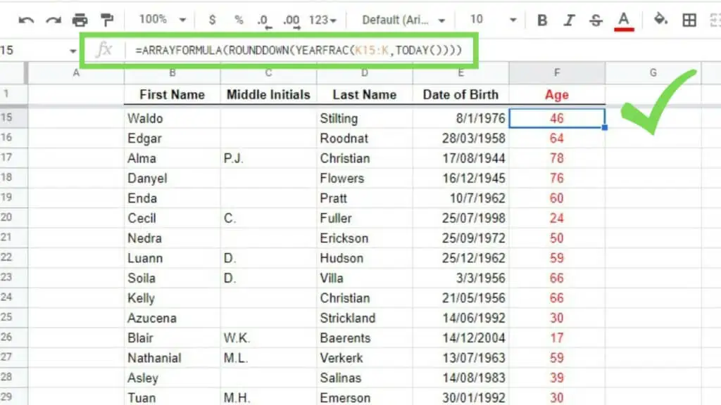 Using the YEARFRAC Function to get the age computed from the ‘Date of birth’ and today’s date in Google Sheets