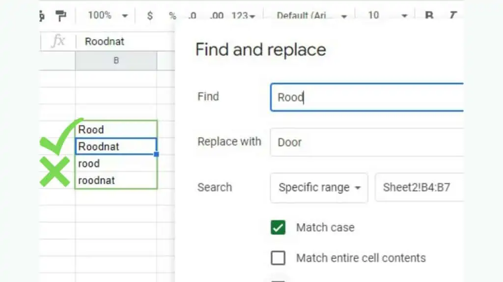 ‘Match case’ and ‘Match entire cell contents’ options of ‘Find and Replace’ in Google Sheets