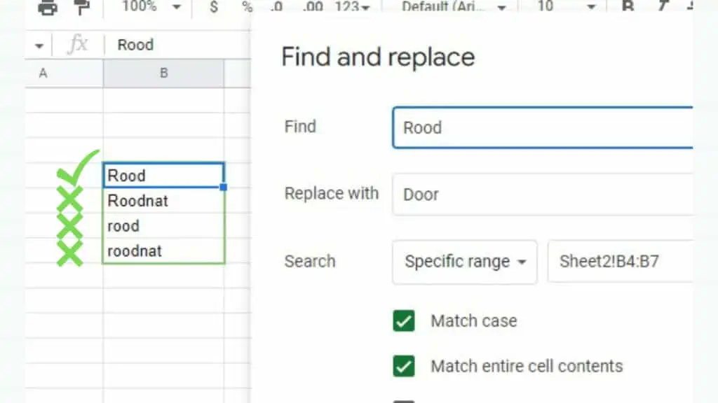 ‘Match case’ and ‘Match entire cell contents’ options of ‘Find and Replace’ in Google Sheets in action