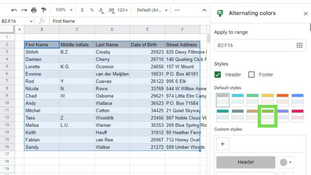 Alternating colors applied to the selected dataset turning it into a table in Google Sheets
