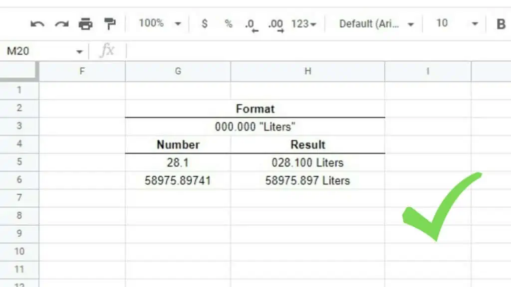 An example of the Google Sheets TEXT Function using the 000.000 "Liters" format