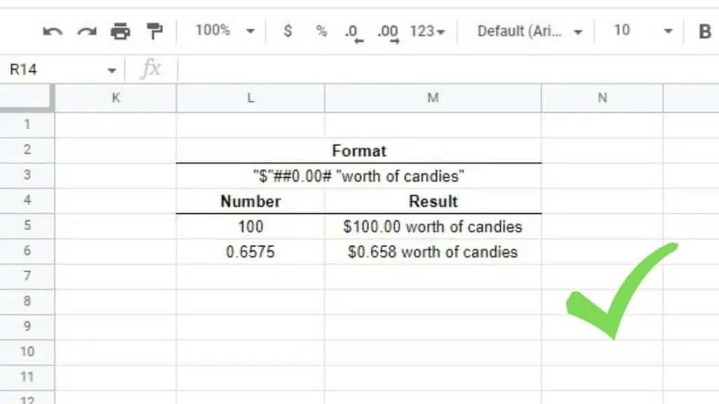 An example of the Google Sheets TEXT Function using the "$"##0.00# "worth of candies" format