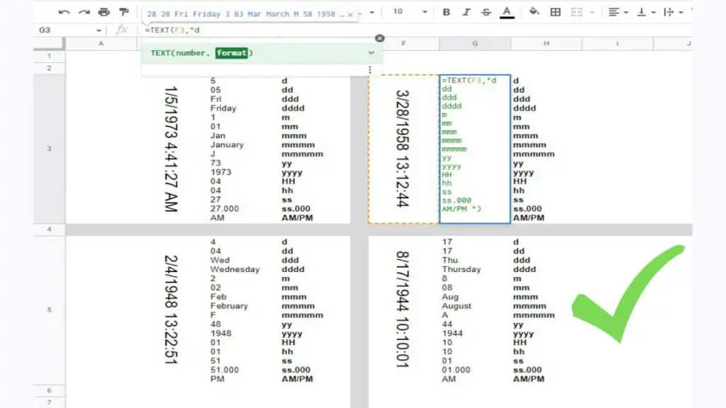 An example of the Google Sheets TEXT Function using the “dd mmmm yyyy” format