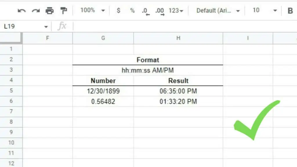 An example of the Google Sheets TEXT Function using the hh:mm:ss AM/PM format