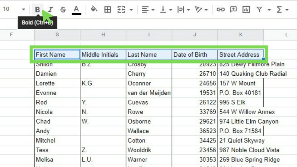 Selecting the first row of the table that acts as the header row while the Bold tool is highlighted