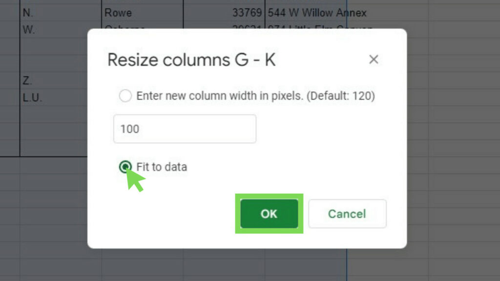 The Resize columns window for columns G to K