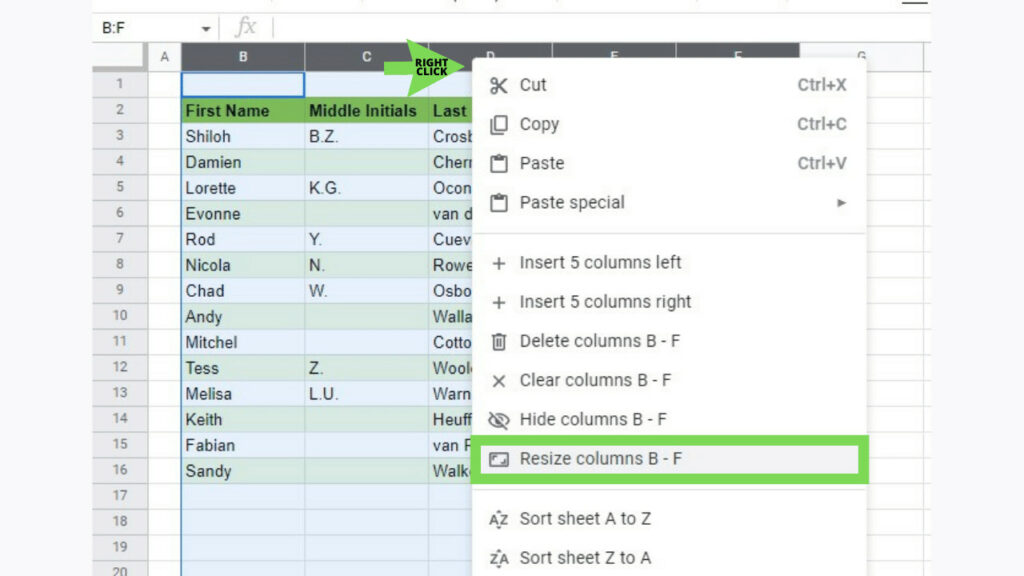 The columns where the table is in were selected with the context menu opened and the resize columns option highlighted