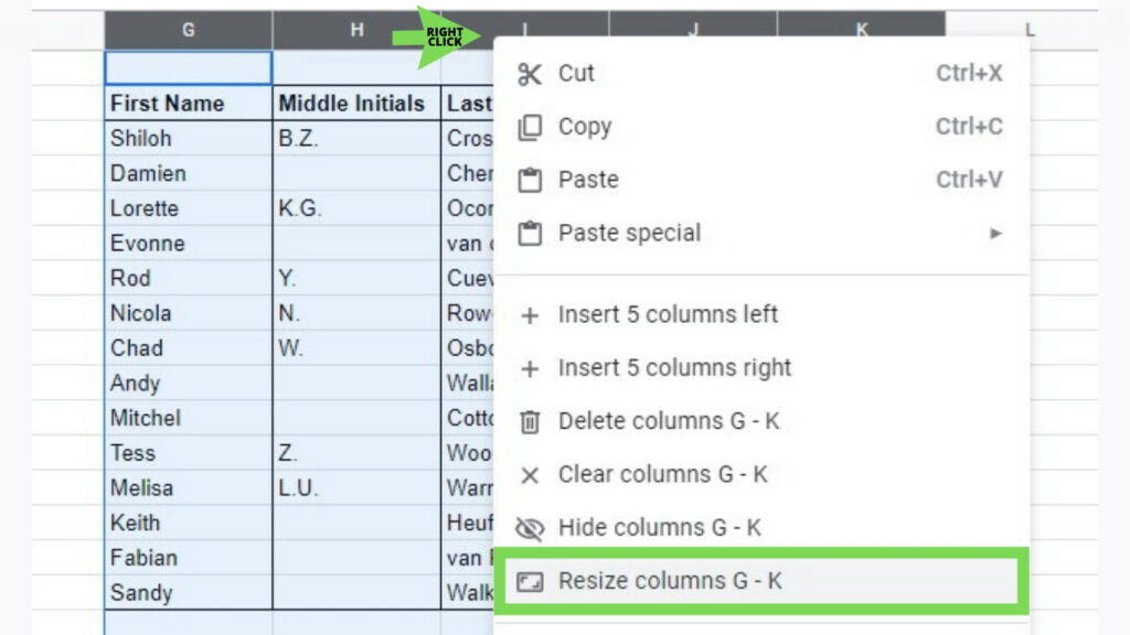 The header row of the table has been emboldened while the context menu is opened by right-clicking on column I’s header with the Resize columns option highlighted