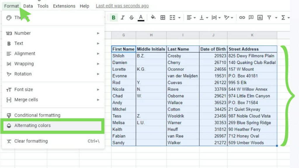 The manually made table is selected with the Format menu opened and its Alternating colors option highlighted