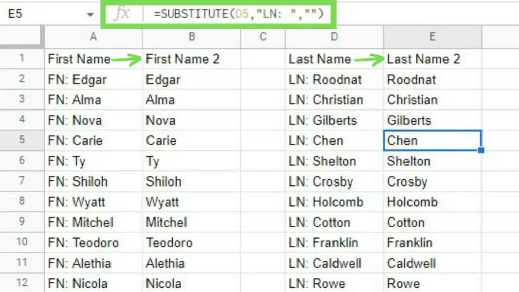 Using the SUBSTITUTE Function on Google Sheets to remove parts of a string