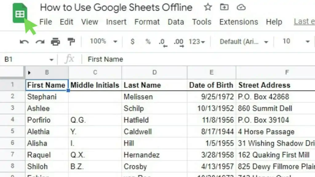 A sample dataset with the Google Sheets logo highlighted