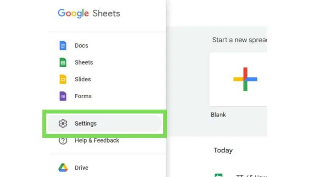The Settings in the menu of Google Sheets